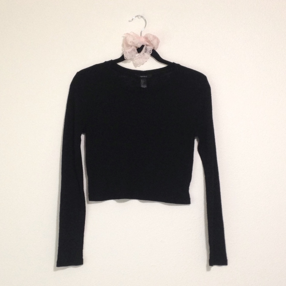 Forever21 Black Ribbed Long Sleeve Cropped Semi-sheer Scoop Neck Top
